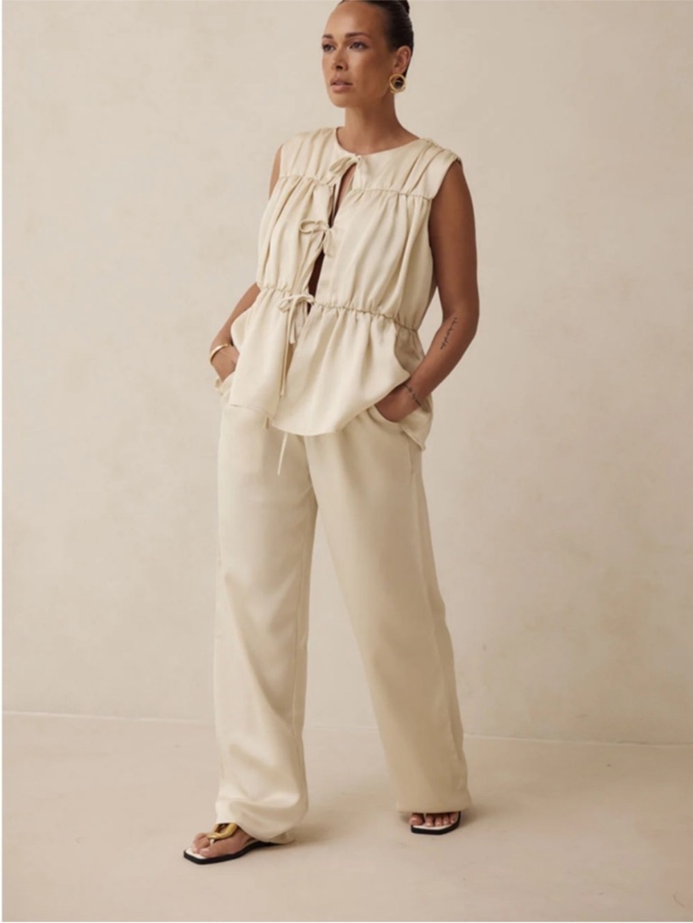 NWT SABO Juliette Pants 3XL XXXL Cream Satin Wide Leg Waist tie
